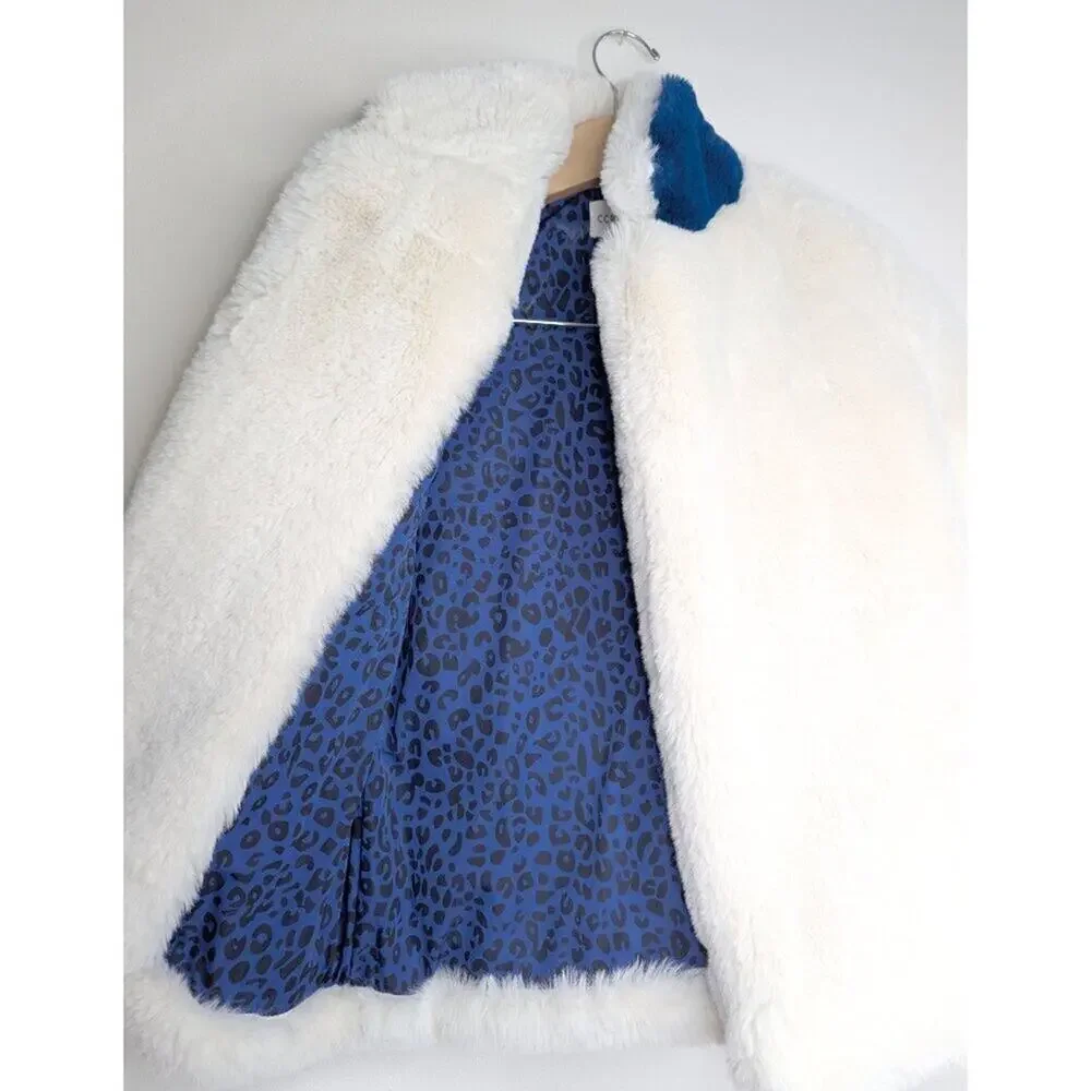 COMMAMME Faux Fur Coat Medium M Navy Blue Cream Glam Mob Wife Luxury Jacket